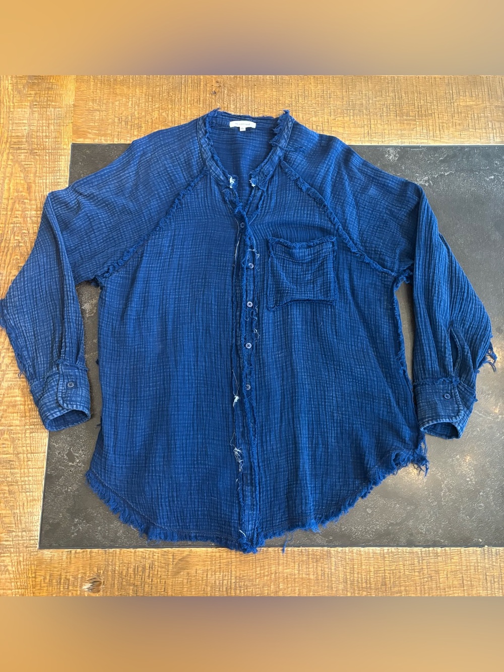 No Comment Relaxed Indigo Button-Down Gauze Shirt with Frayed Trim